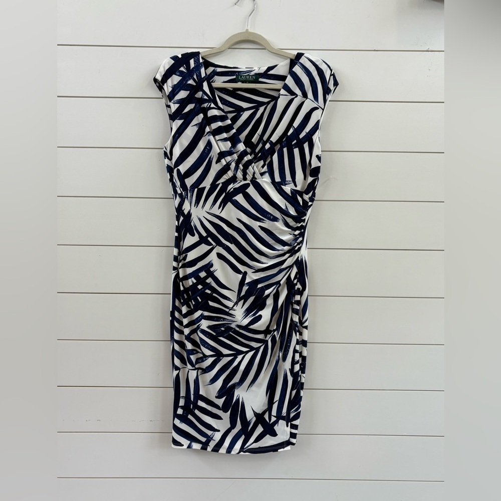 Lauren Ralph Lauren Navy and White Palm-Print Wrap Sheath Dress